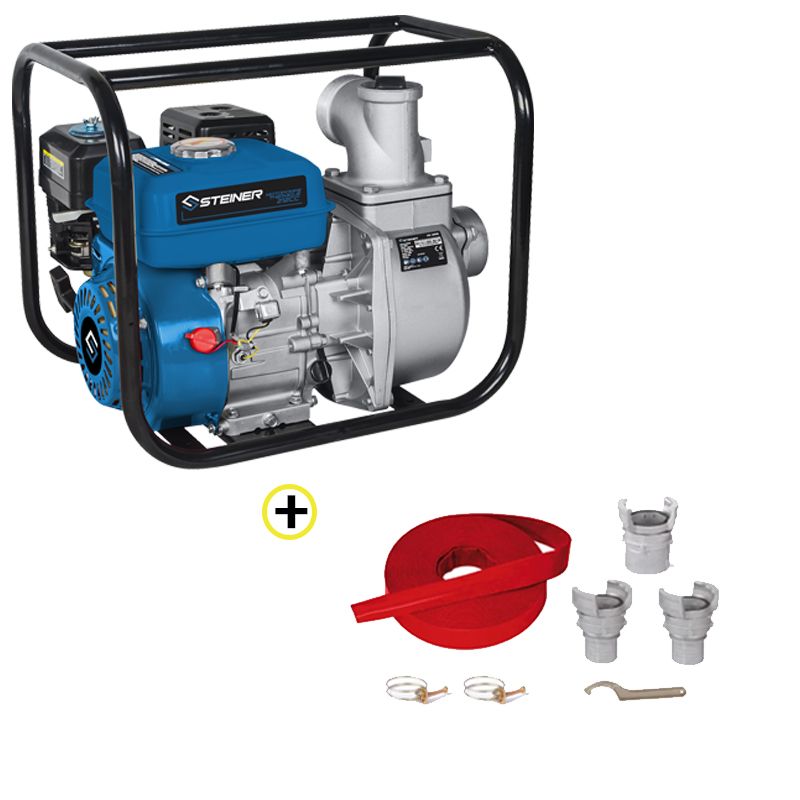 Pack Motopompe Thermique 4t 196cc 30 M³/h Steiner + Tuyau de Refoulement Plat 20m Ø50mm + Raccords Korman