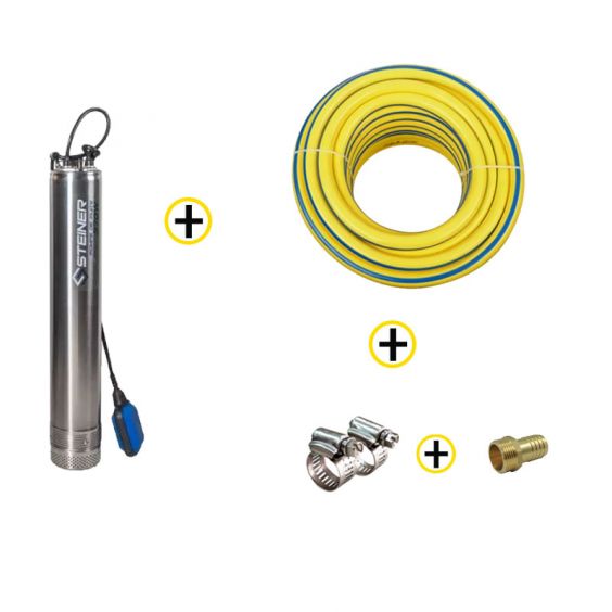 Pack Pompe Immergée de Puit Inox 750w + Tuyau D’arrosage Ø19mm 25m + Raccord et Collier